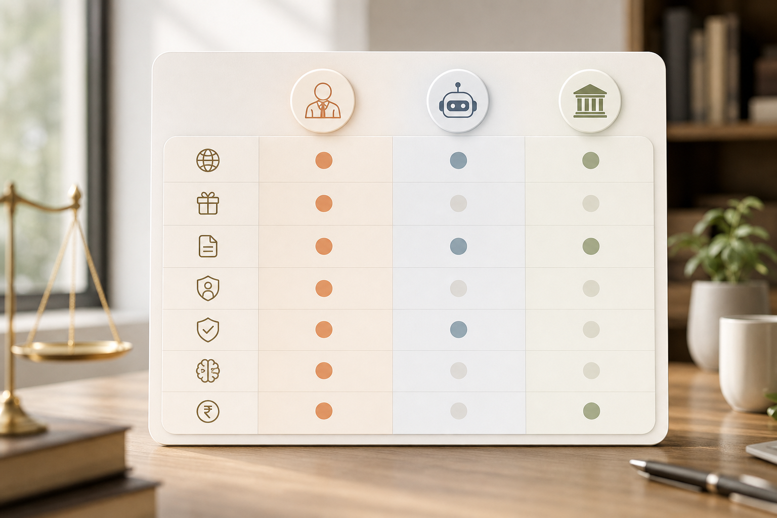ai legal question answering in indian languages comparison chart for 2026, matrix of features vs platforms, icons for escrow, verified badge, language bubbles