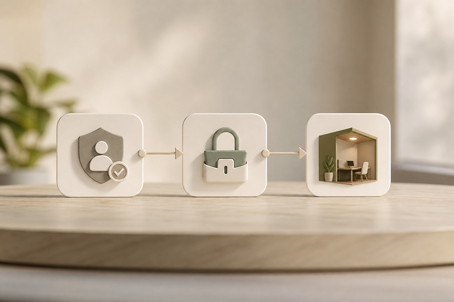Illustration of secure case handoff: identity verification badge, escrow shield, and private document vault icons arranged along a simple NRI workflow