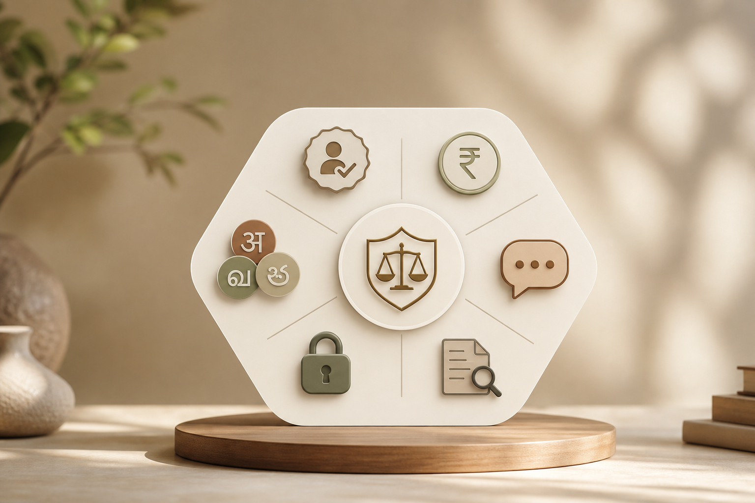 summary infographic of LawyerBuddy trust signals, verified badge, escrow, free daily Q&A, document review, and Hindi/Tamil/Telugu bubbles