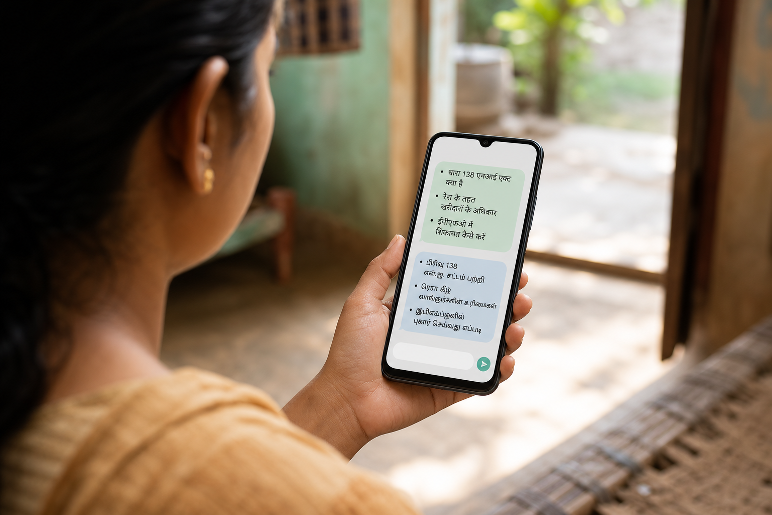 Step-by-step AI legal question demo on a basic Android phone