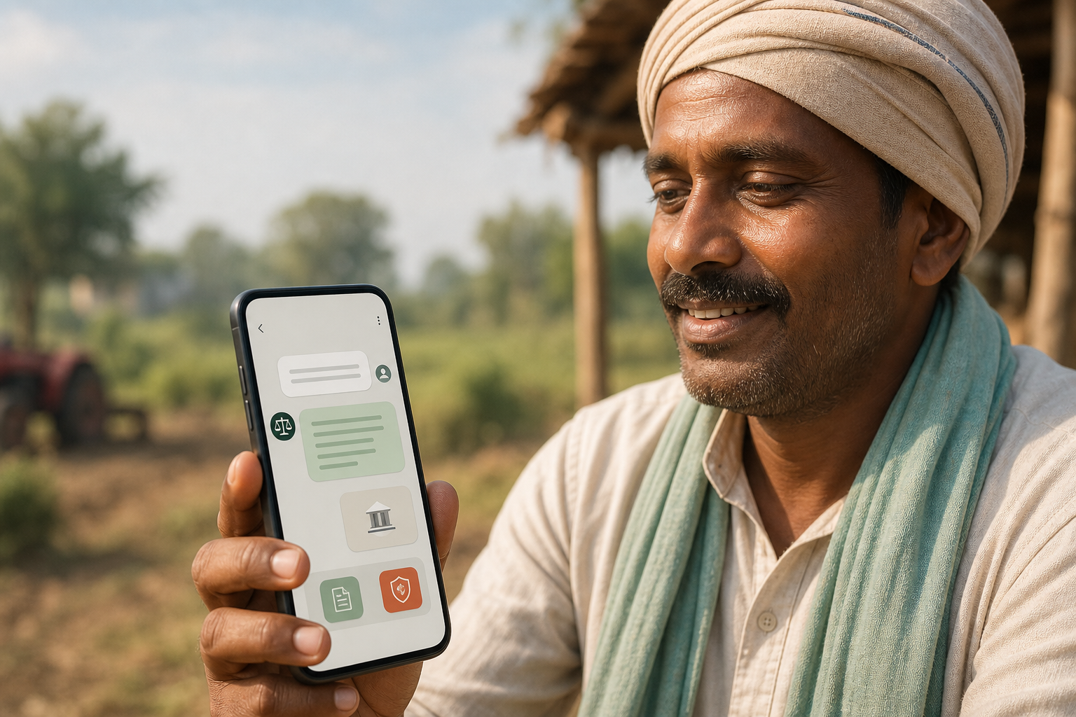 best ai legal question answering in indian languages, rural India user on a basic smartphone, Hindi/Tamil UI, simple chat bubbles with law citations, farm field background, warm daylight, clear icons, accessible design