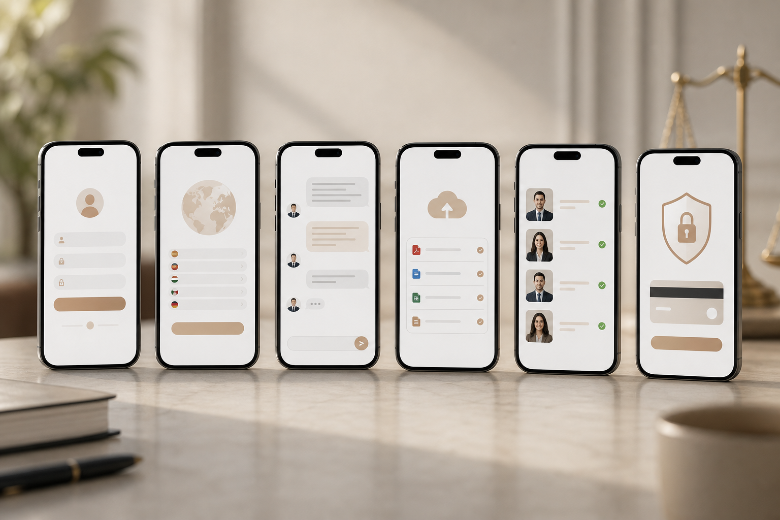 Step-by-step mobile screens, choose language (Hindi/Tamil/Telugu), ask question, see law-cited answer, upload document, view advocate bids, escrow confirmation