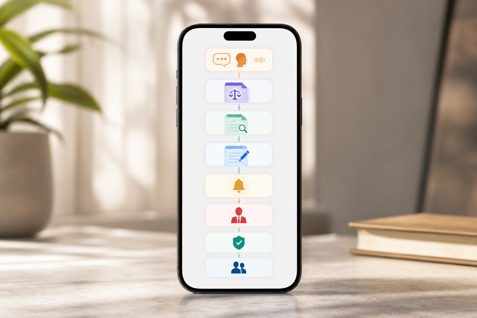 Multilingual AI legal help workflow. Hindi/Tamil/Telugu Q&A, document review, case mandate, escrow, verified advocates; simple icons and arrows, mobile-first UI mock
