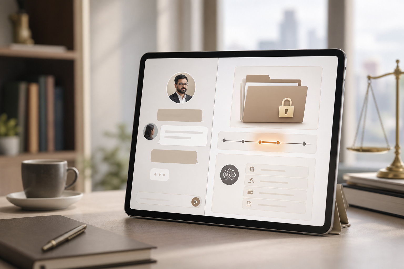 Secure 1-on-1 legal workspace view with escrow timeline